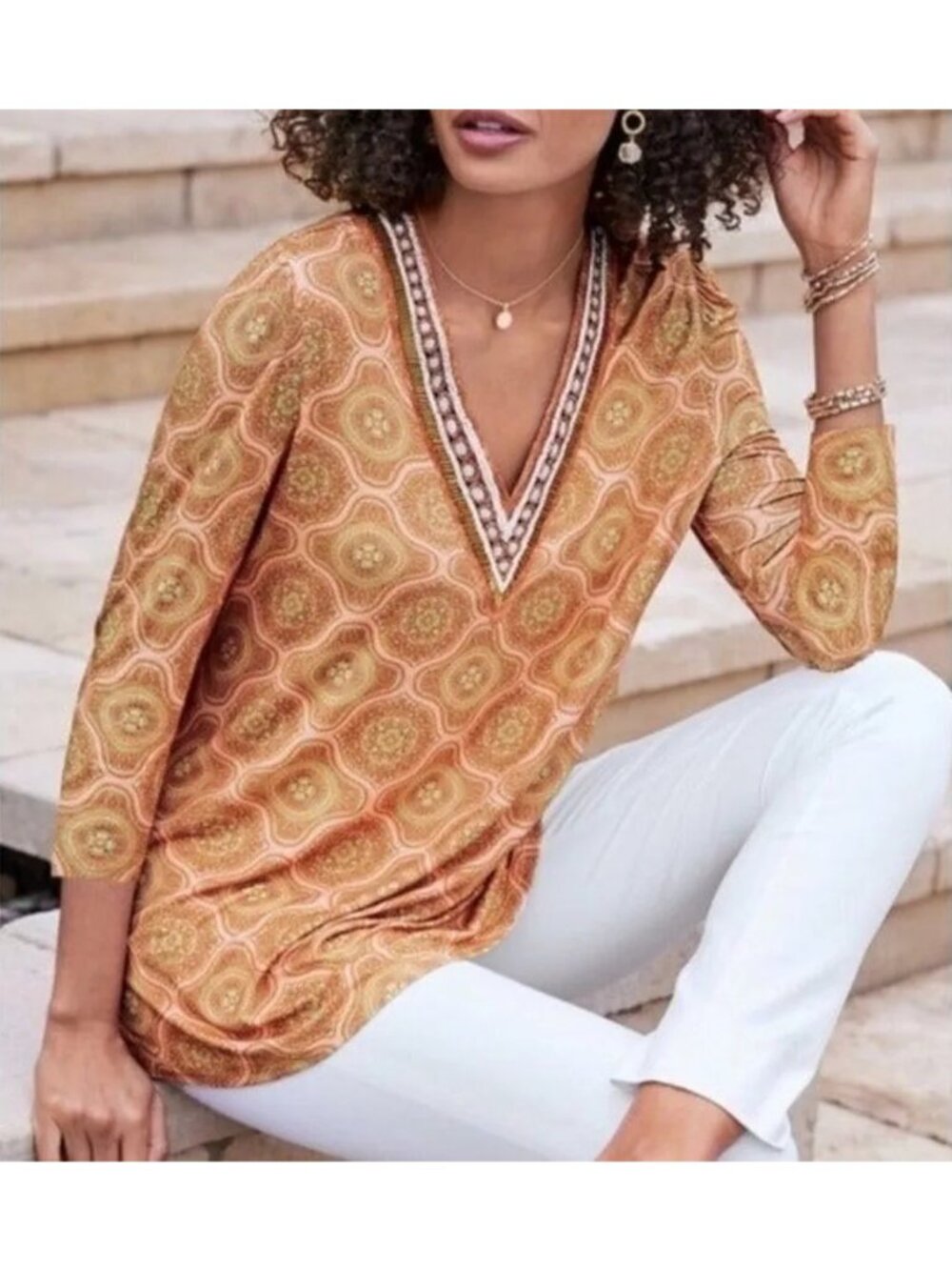 Soft Surroundings Lillia Beaded pink Boho Medallion V-Neck Tunic Top Large